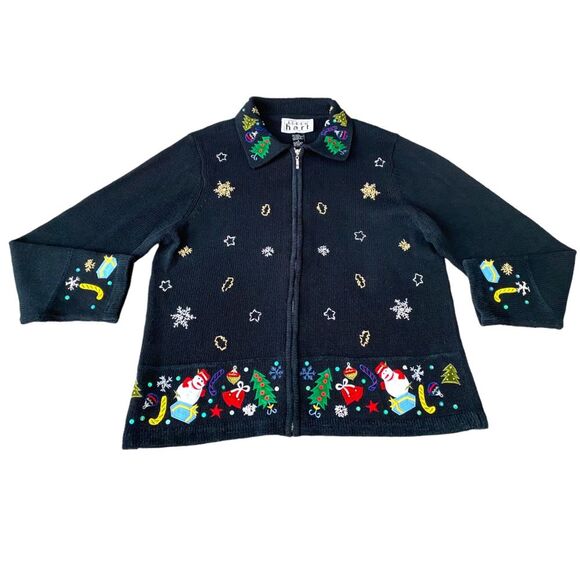 Keren Hart Vintage Embroidered Christmas Zip Up Black Cardigan, Size‎ Large - Picture 1 of 11